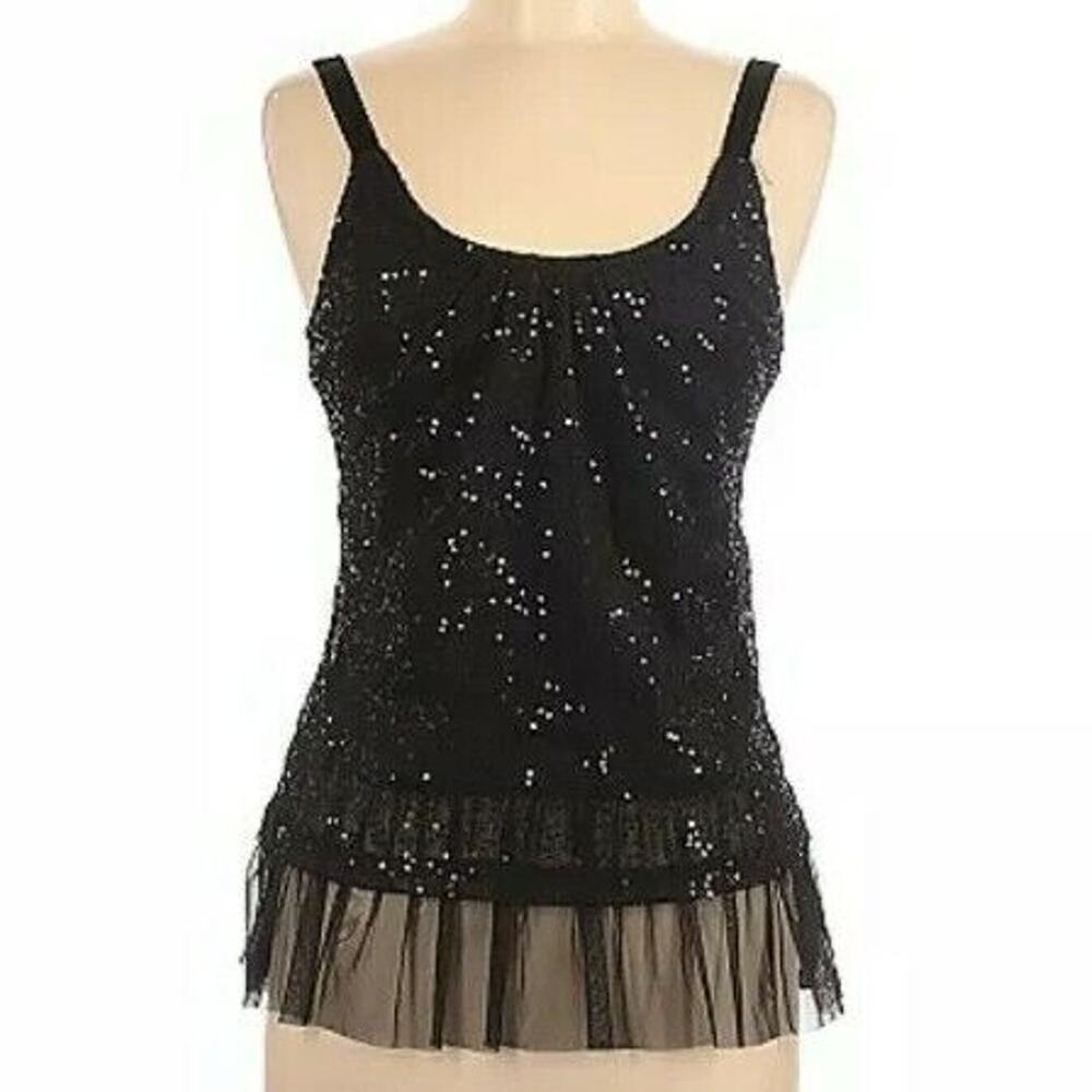 Baby FOX Camisole Tank Top Women's Size 38 M Black Tulle Ruffle Sequin Straps